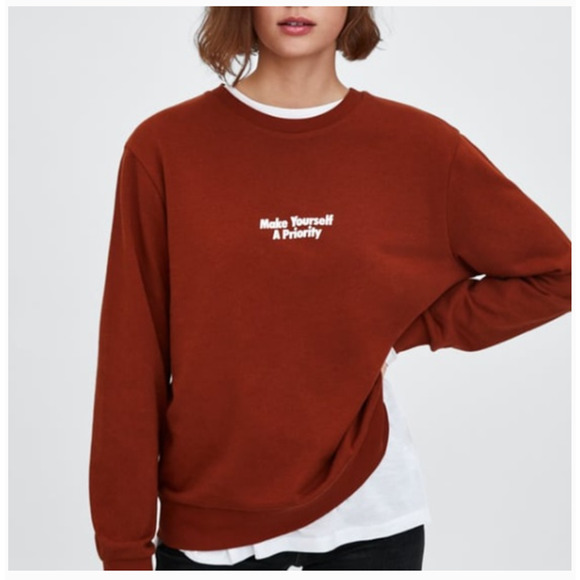 ZARA TRAFALUC Rust Orange Make Yourself a Priority Crewneck Sweater Sz M - Picture 1 of 6